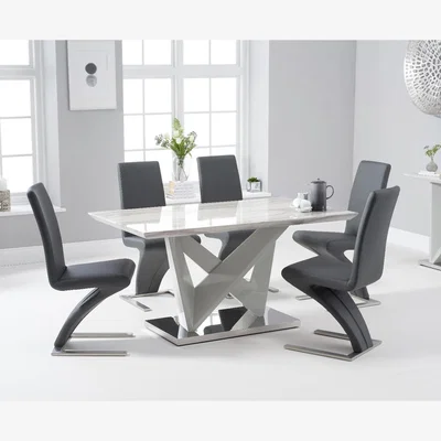 Oak&More Marcella 150cm Marble Effect Carrera Light Grey Dining Table with 6 Black Aldo Chairs