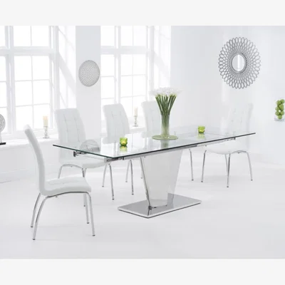 Oak&More Liberty 160cm Extending Glass Dining Table With 8 Cream Calgary Chairs