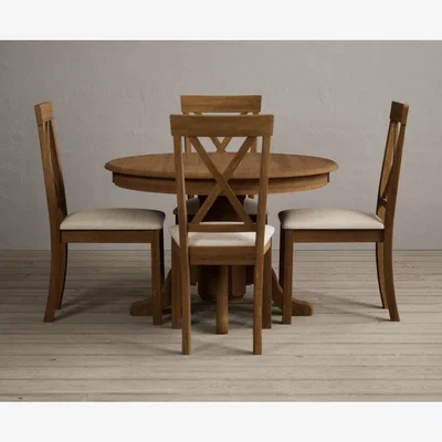 Oak&More Hertford Rustic Oak Pedestal Extending Dining Table With 4 Blue Hertford Chairs