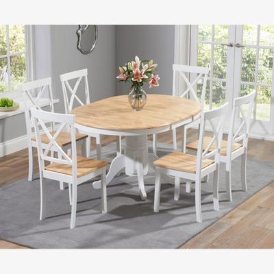 Oak&More Epsom Oak and White Painted Pedestal Extending Dining Table Set With 6 Oak and White Chairs