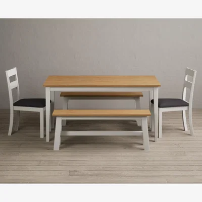 Oak&More Kendal 150cm Solid Oak and Signal White Painted Dining Table with 2 Light Grey Kendal Chairs with 2 Oak and White Benches