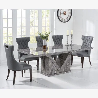 Oak&More Mocha 220cm Grey Marble Dining Table With 8 Grey Sophia Chairs