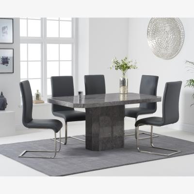 Oak&More Belle 160cm Grey Marble Dining Table With 4 White Malaga Dining Chairs