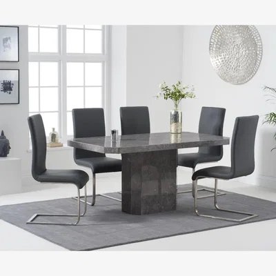 Oak&More Belle 160cm Grey Marble Dining Table With 4 White Malaga Dining Chairs