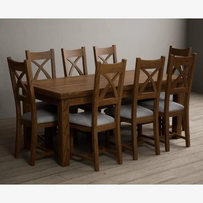 Oak&More Hampshire 180cm Rustic Solid Oak Extending Dining Table With 6 Light Grey Solid Oak X Back Chairs