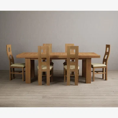 Oak&More Extending Callington 230cm Oak Dining Table with 8 Cream Natural Solid Oak Chairs