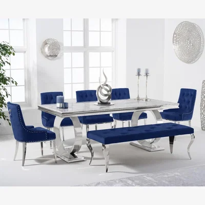Oak&More Hepburn 180cm Marble Dining Table with Talia Velvet Chairs and Blue Fitzrovia Bench - Grey, 2 Chairs