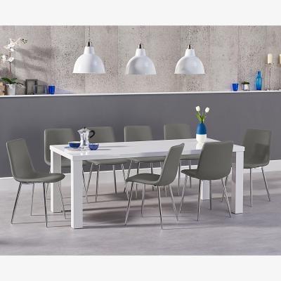 Oak&More Seattle 200cm White High Gloss Dining Table with 6 Grey Astrid Chairs