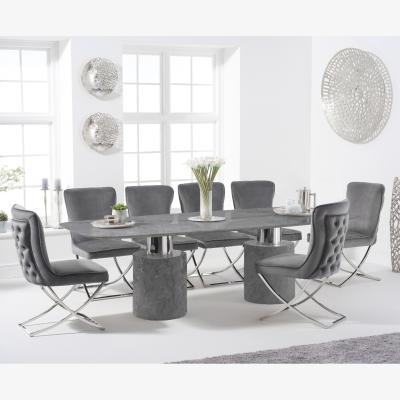 Oak&More Antonio 260cm Grey Marble Table With 8 Grey Lorenzo Velvet Chairs