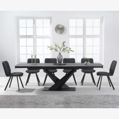Oak&More Jacob 180cm Grey Extending Stone Dining Table With 10 Brown Hendrick Faux Leather Chairs