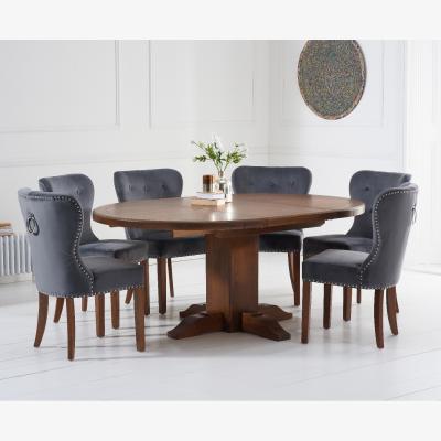 Oak&More Extending Helmsley Dark Oak Pedestal Dining Table with 4 Grey Keswick Chairs