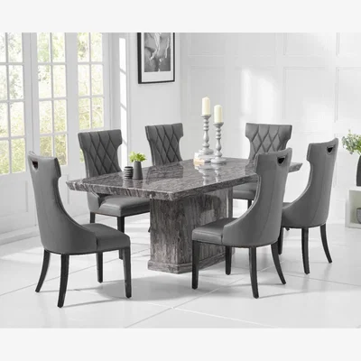 Oak&More Carvelle 200cm Dark Grey Pedestal Marble Dining Table with Freya Chairs