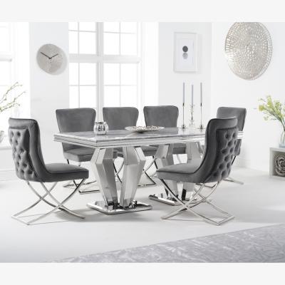 Oak&More Viscount 180cm Marble Dining Table With 6 Grey Lorenzo Velvet Chairs