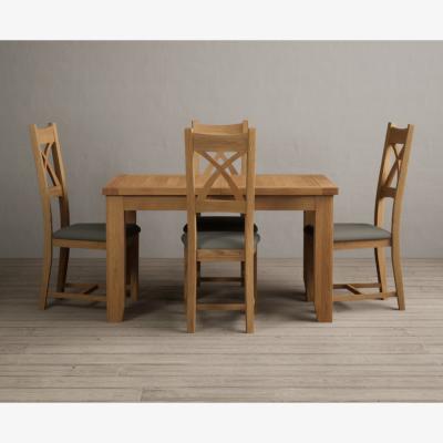 Oak&More Extending Yateley 130cm Solid Oak Dining Table with 4 Grey Natural Solid Oak Chairs