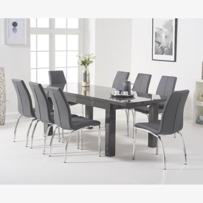 Oak&More Atlanta Dark Grey Gloss 160-220cm Extending Dining Table With 4 Black Cavello Chairs