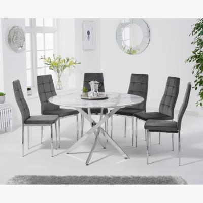 Oak&More Carter 120cm Round White Marble Table With 6 Grey Melissa Chairs