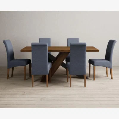 Oak&More Michigan 180cm Rustic Oak and Metal Black Leg Industrial Dining Table with 6 Grey Scroll Back Chairs