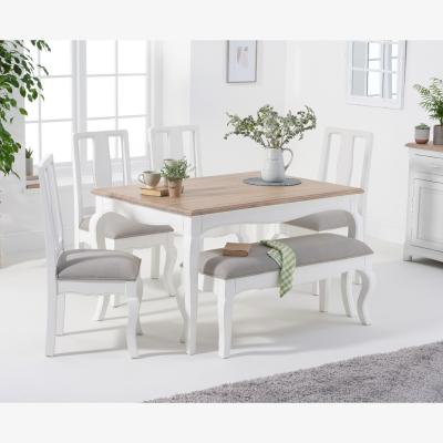 Oak&More Parisian 130cm Shabby Chic Table with Chairs with Grey Fabric Seats and Bench - White, 2 Chairs