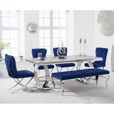 Oak&More Hepburn 200cm Marble Dining Table with Giovanni Velvet Chairs and Blue Fitzrovia Bench - Grey, 2 Chairs