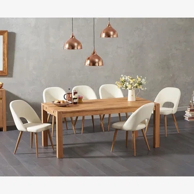 Oak&More Verona 180cm Solid Oak Dining Table With 6 Grey Hudson Faux Leather Chairs