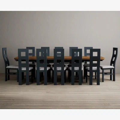 Oak&More Extending Atlas 180cm Oak and Dark Blue Dining Table with 12 Blue Flow Back Chairs