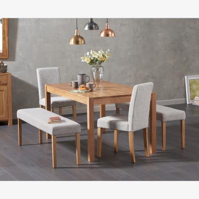 Oak&More Oxford Solid Oak 150cm Dining Table with 2 Grey Lila Chairs with 2 Grey Benches
