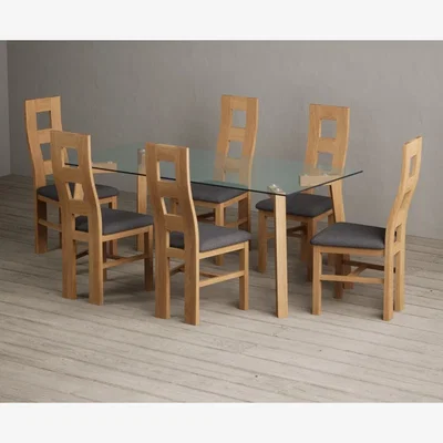 Oak&More Lakelyn 180cm Solid Oak and Glass Dining Table with 8 Linen Natural Chairs