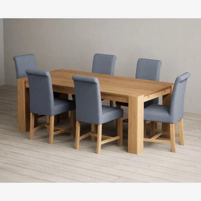 Oak&More Sheringham 200cm Solid Oak Dining Table with 8 Blue Scroll Back Chairs