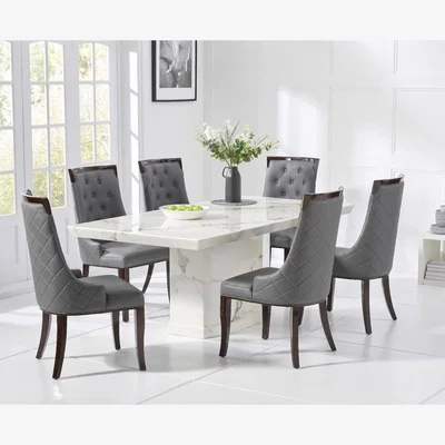 Oak&More Carvelle 200cm White Pedestal Marble Dining Table with 10 Grey Francesca Chairs