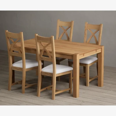 Oak&More Thetford 150cm Oak Dining Table with 4 Linen Natural Solid Oak Chairs