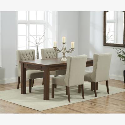 Oak&More Normandy 150cm Dark Solid Oak Extending Dining Table with Safia Fabric Dark Oak Leg Chairs - Cream, 4 Chairs
