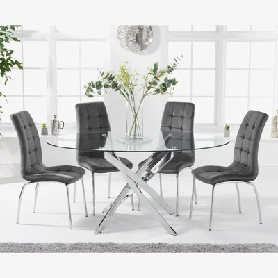 Oak&More Denver 165cm Oval Glass Dining Table With 8 Blue Calgary Velvet Chairs