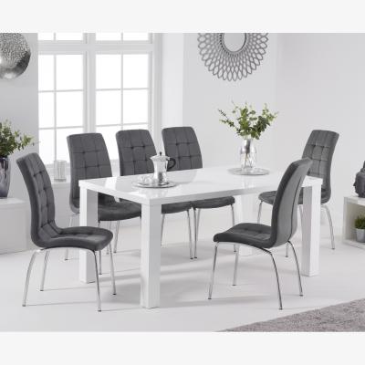 Oak&More Atlanta 160cm White High Gloss Table With 8 Blue Calgary Velvet Chairs