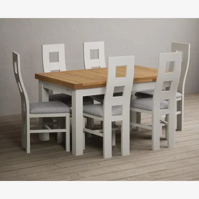 Oak&More Extending Hampshire 140cm Oak and Signal White Dining Table with 6 Linen Flow Back Chairs