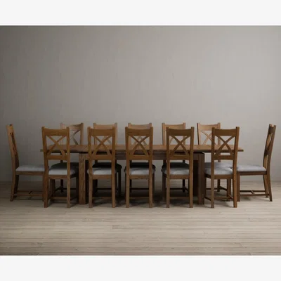Oak&More Extending Buxton 180cm Rustic Solid Oak Dining Table with 12 Blue Rustic Solid Oak Chairs