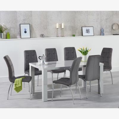 Oak&More Atlanta 160cm Light Grey High Gloss Dining Table With 8 Grey Enzo Velvet Chairs