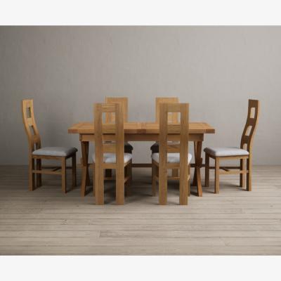 Oak&More Extending Buckley 160cm Solid Oak Dining Table with 6 Linen Natural Chairs