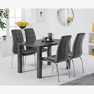 Oak&More Atlanta 120cm Dark Grey High Gloss Table With 6 Blue Calgary Velvet Chairs