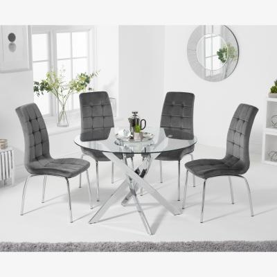 Oak&More Denver 120cm Glass Dining Table With 6 Blue Calgary Velvet Chairs