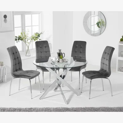 Oak&More Denver 120cm Glass Dining Table With 6 Blue Calgary Velvet Chairs