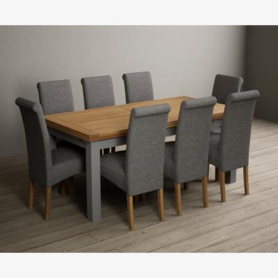 Oak&More Hampshire 180cm Oak and Light Grey Extending Dining Table With 6 Natural Scroll Back Chairs