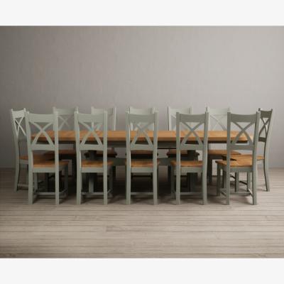 Oak&More Extending Olympia 180cm Oak and Soft Green Painted Dining Table with 6 Linen  Chairs