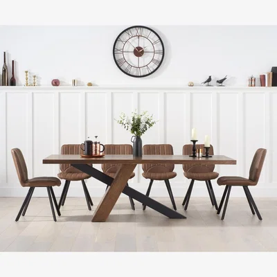 Oak&More Chateau 225cm Black Leg Industrial Dining Table With 8 Grey Dexter Faux Leather Dining Chairs