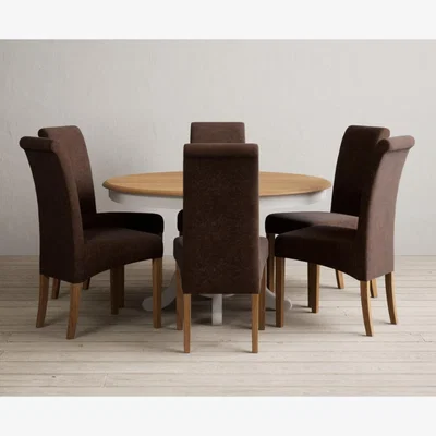 Oak&More Hertford 120cm Fixed Top Oak and Soft White Painted Dining Table with 6 Charcoal Grey Scroll Back Chairs