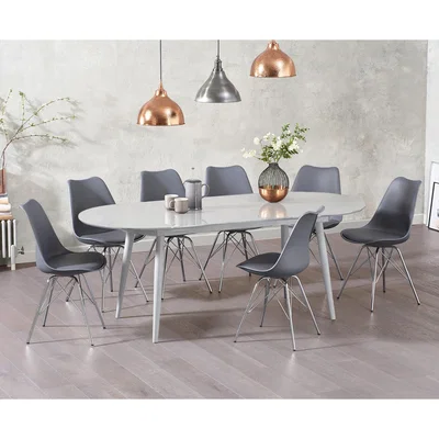 Oak&More Olivia Extending Light Grey High Gloss Dining Table with Celine Chairs - White, 4 Chairs