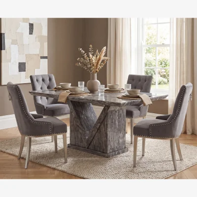 Oak&More Milan 160cm Grey Marble Dining Table with 4 Grey Sienna Chairs