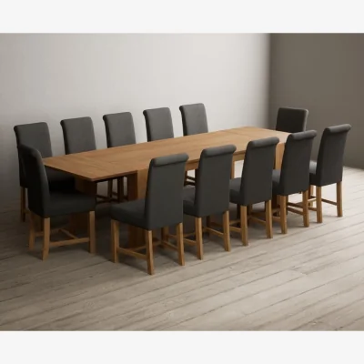 Oak&More Extending Sheringham 200cm Solid Oak Table with 12 Charcoal Grey Braced Chairs