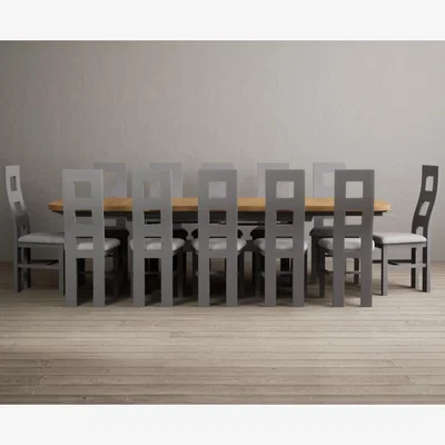 Oak&More Extending Atlas 180cm Oak and Light Grey Painted Dining Table With 12 Light Grey Flow Back Chairs