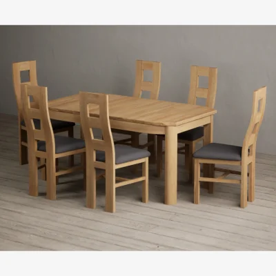 Oak&More Extending Somerton 160cm Solid Oak Dining Table with 6 Charcoal Grey Natural Chairs