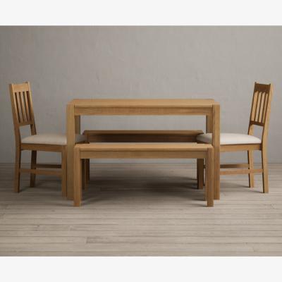Oak&More York 120cm Solid Oak Dining Table with 4 Linen York Chairs with 1 Oak Bench